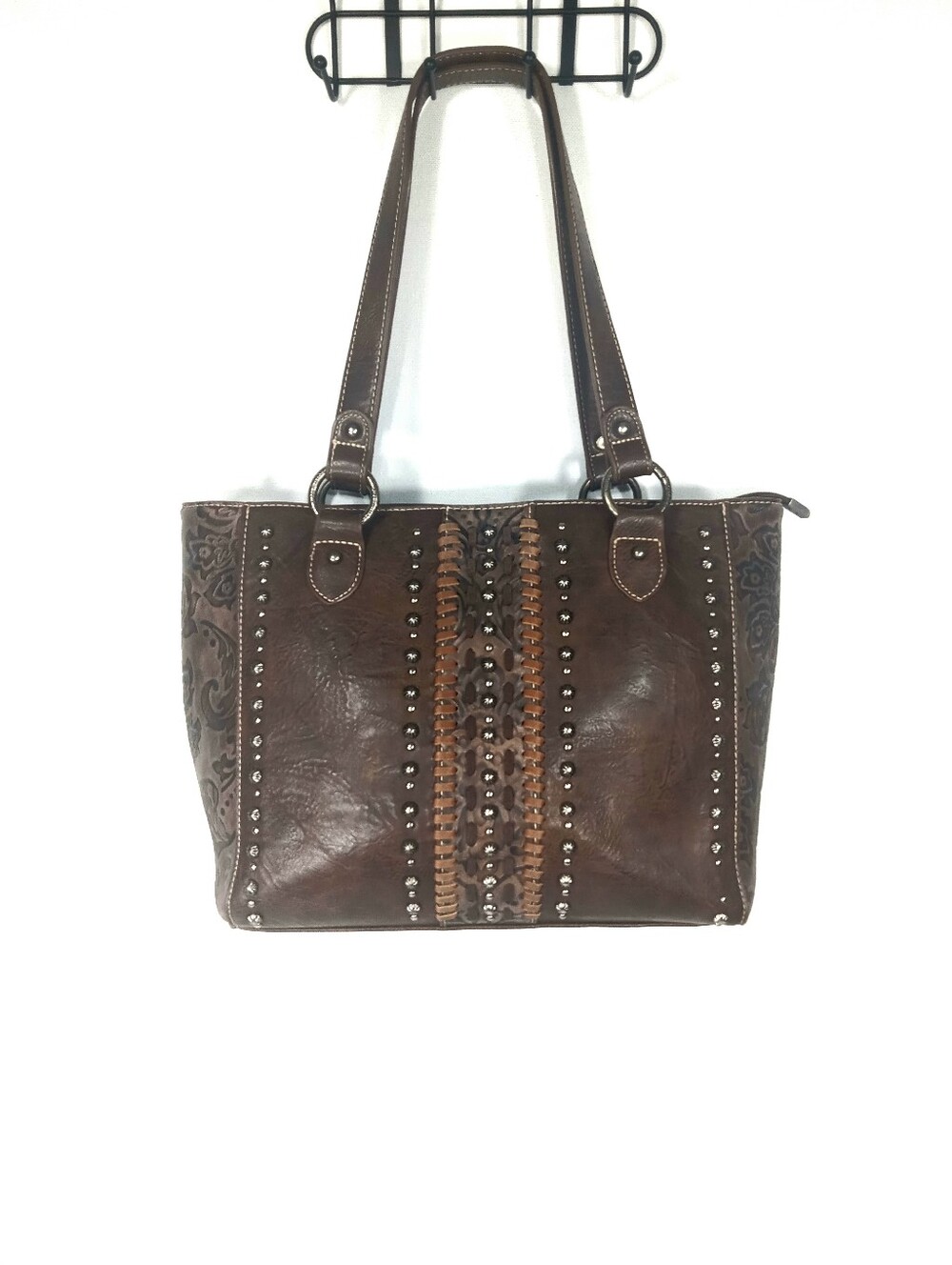 AMERICAN BLING Western Style Studded Large Brown Tote Bag Shoulder Bag